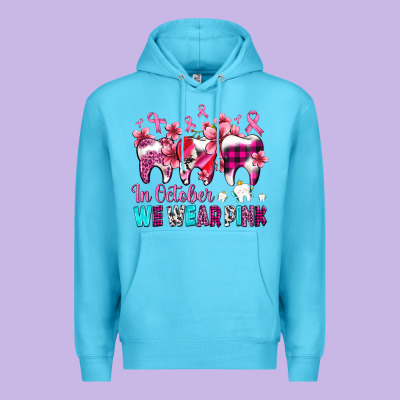 In October We Wear Pink Cancer Ribbon With Teeth Premium Hoodie Designed By Adodesignshop