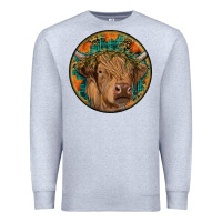 Heather Grey fall highland cow round Premium Sweatshirt - RanaPortraitStore