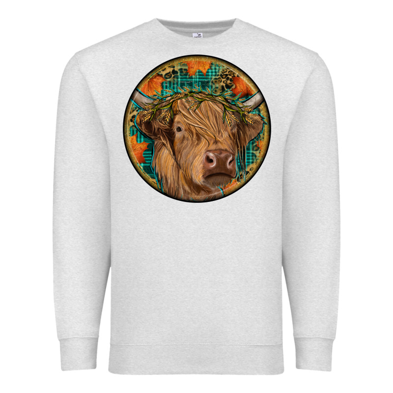 Fall Highland Cow Round Premium Sweatshirt by RanaPortraitStore | Teevron