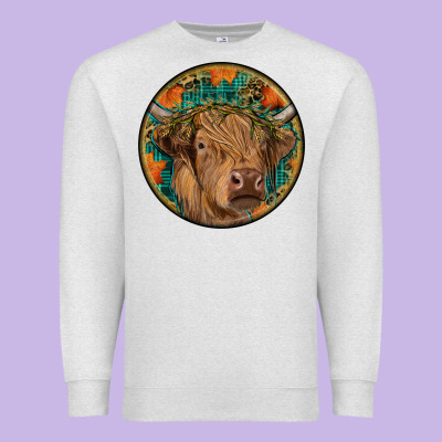 Fall Highland Cow Round Premium Sweatshirt Designed By Ranaportraitstore