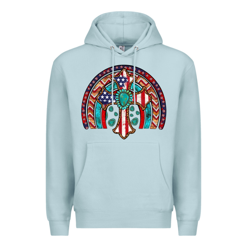 Gemstone Cross American Flag Turquoise Rainbow Premium Hoodie by Artiststas | Teevron
