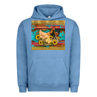Pigment Pebble Blue western coop animals farm chicken chick rooster sunflowers wooden sera Urban Hoodie - Artiststas