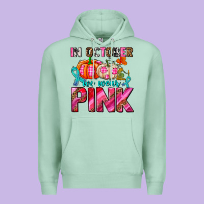 In October We Wear Pink With Pumpkins Premium Hoodie Designed By Adodesignshop