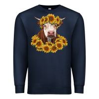 Navy hereford cow with sunflowers Premium Sweatshirt - RanaPortraitStore