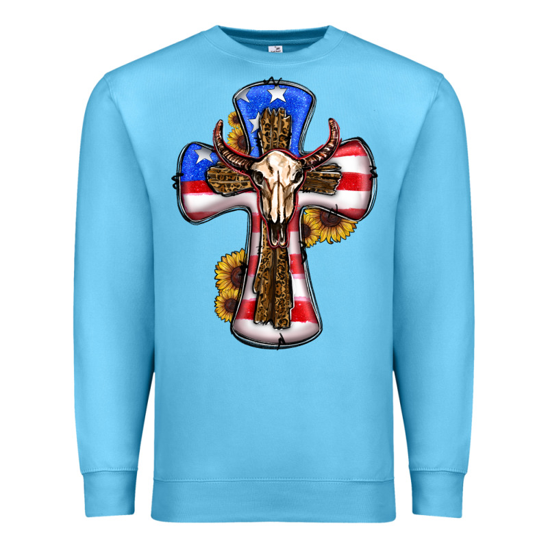 American Flag Cross Cow Skull Sunflowers Premium Sweatshirt by RanaPortraitStore | Teevron