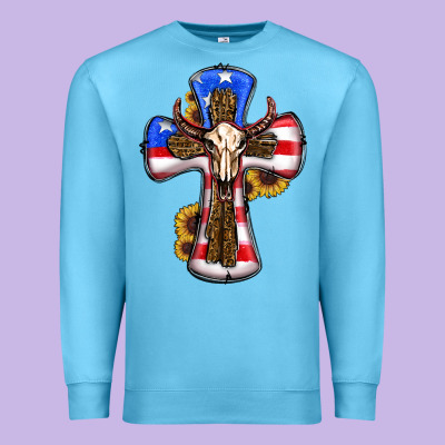 American Flag Cross Cow Skull Sunflowers Premium Sweatshirt Designed By Ranaportraitstore