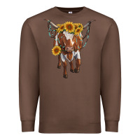 Chestnut longhorn cow with sunflowers Premium Sweatshirt - RanaPortraitStore