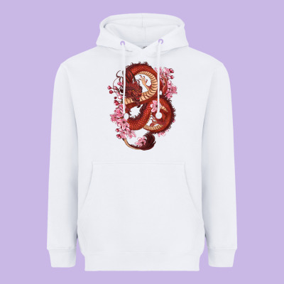 Heavyweight Hoodie red dragon and sakura cherry blossoms