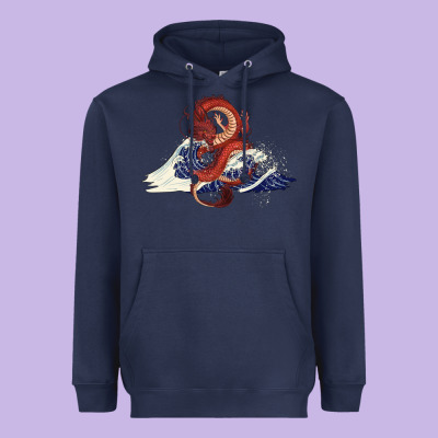 Heavyweight Hoodie asian dragon and ocean waves