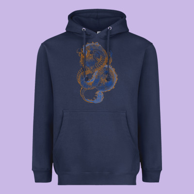 Heavyweight Hoodie blue and orange dragon