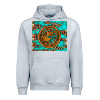 Heather Grey cowboy hat turquoise aztec background old wheel Urban Hoodie - Artiststas