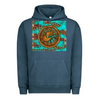 Pigment Midnight Navy cowboy hat turquoise aztec background old wheel Urban Hoodie - Artiststas
