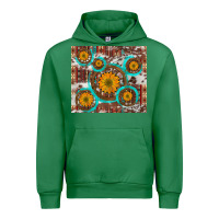 Emerald sunflowers and western old wheel aztec cowhide background Urban Hoodie - Artiststas