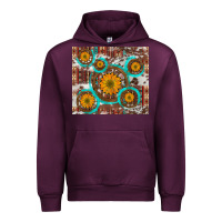 Mauve Wine sunflowers and western old wheel aztec cowhide background Urban Hoodie - Artiststas