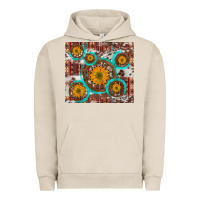 Pigment French Oak sunflowers and western old wheel aztec cowhide background Urban Hoodie - Artiststas