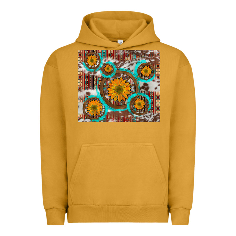 Sunflowers And Western Old Wheel Aztec Cowhide Background Urban Hoodie by Artiststas | Teevron
