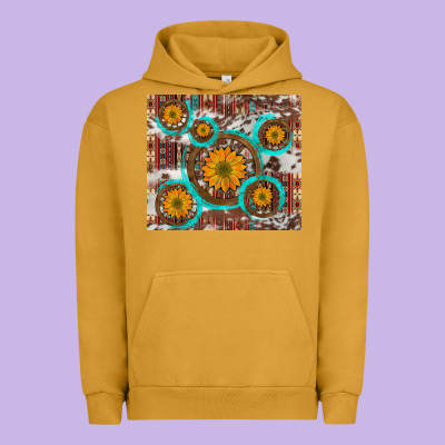 Sunflowers And Western Old Wheel Aztec Cowhide Background Urban Hoodie Designed By Artiststas