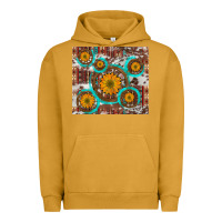 Pigment Peanut Butter sunflowers and western old wheel aztec cowhide background Urban Hoodie - Artiststas