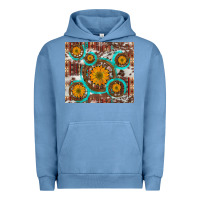 Pigment Pebble Blue sunflowers and western old wheel aztec cowhide background Urban Hoodie - Artiststas