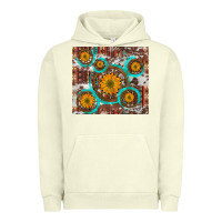 Pigment Pistachio sunflowers and western old wheel aztec cowhide background Urban Hoodie - Artiststas