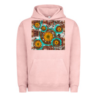 Pigment Salmon sunflowers and western old wheel aztec cowhide background Urban Hoodie - Artiststas