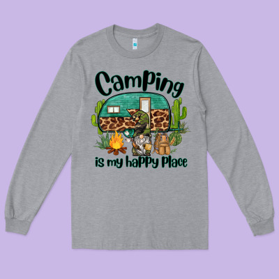 Camping Is My Happy Place Caravan And Gnome Long Sleeve Tee Designed By Barkaloodesign