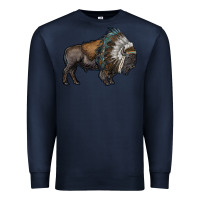 Navy bison with indian headdress Premium Sweatshirt - RanaPortraitStore