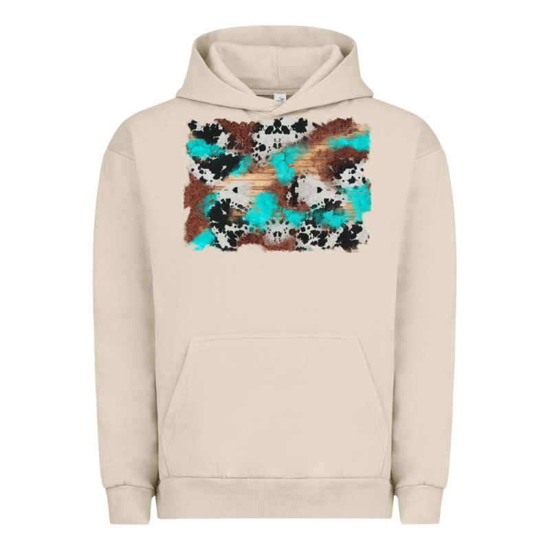 Western Cowhide Turquoise And Wood Background Urban Hoodie by Artiststas | Teevron