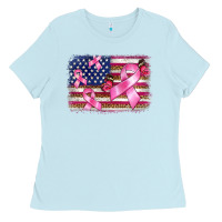 Baby Blue breast cancer american flag background Ladies Tee - BarkalooDesign