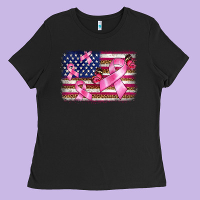 Breast Cancer American Flag Background Ladies Tee Designed By Barkaloodesign