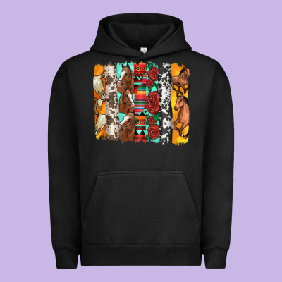 Western Horses Roses And Bullskulls Wıth Cowhide Amd Serape Brushstro Urban Hoodie Designed By Artiststas