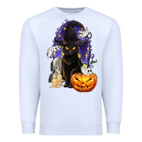 White Halloween Cat and Pumpkin Premium Sweatshirt - texasbilliewilder