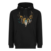 Black Boho Deer Skull Sunflowers And Gemstone Heavyweight Hoodie - RanaPortraitStore