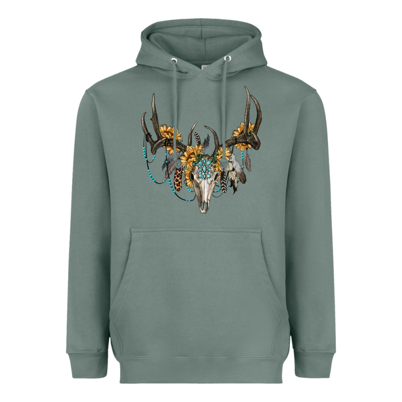 Boho Deer Skull Sunflowers And Gemstone Heavyweight Hoodie by RanaPortraitStore | Teevron