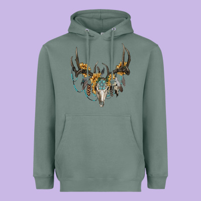 Heavyweight Hoodie Boho Deer Skull Sunflowers And Gemstone