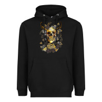 Black Bull Human Skull With Gold Roses Heavyweight Hoodie - RanaPortraitStore