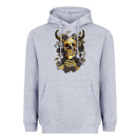 Heather Grey Bull Human Skull With Gold Roses Heavyweight Hoodie - RanaPortraitStore
