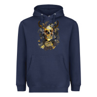 Navy Bull Human Skull With Gold Roses Heavyweight Hoodie - RanaPortraitStore
