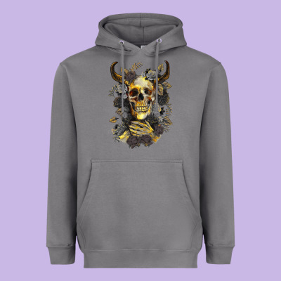 Heavyweight Hoodie Bull Human Skull With Gold Roses