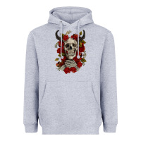 Heather Grey Bull Human Skull With Roses Heavyweight Hoodie - RanaPortraitStore