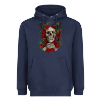 Navy Bull Human Skull With Roses Heavyweight Hoodie - RanaPortraitStore