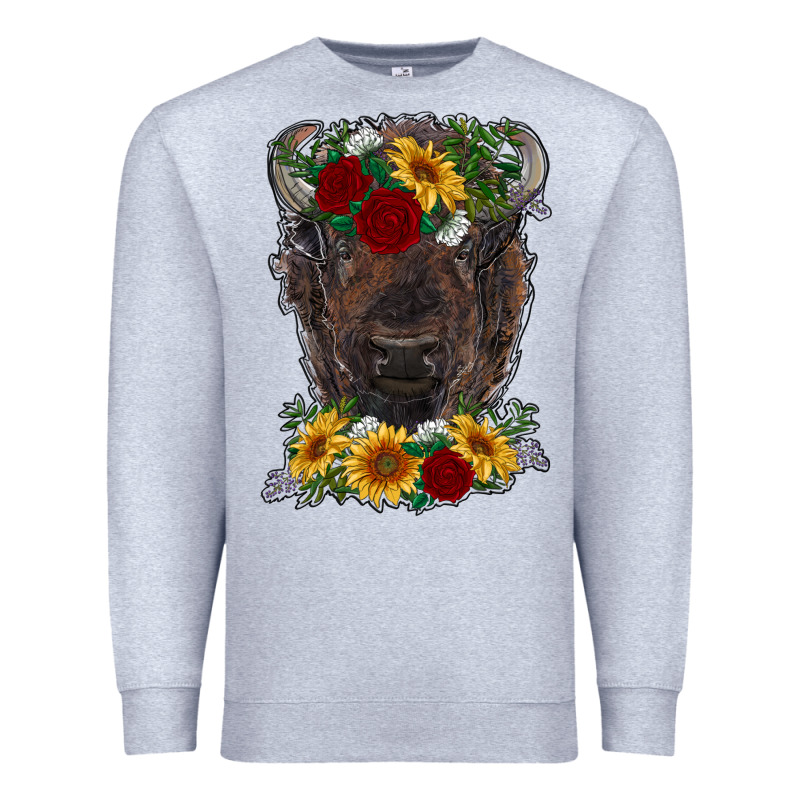 Bison Face With Flowers Premium Sweatshirt by RanaPortraitStore | Teevron