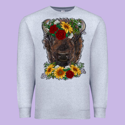 Bison Face With Flowers Premium Sweatshirt Designed By Ranaportraitstore