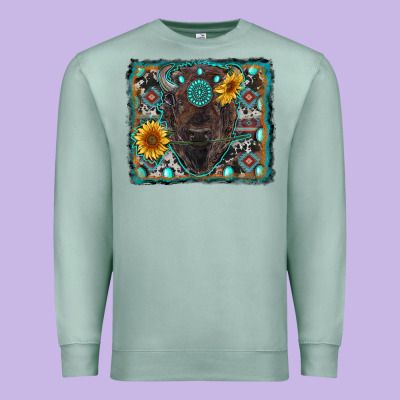 American Bison Wıth Sunflower And Gemstone Premium Sweatshirt Designed By Ranaportraitstore