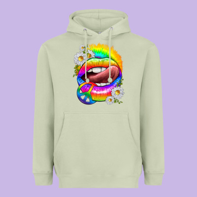 Heavyweight Hoodie rainbow lips with daisies