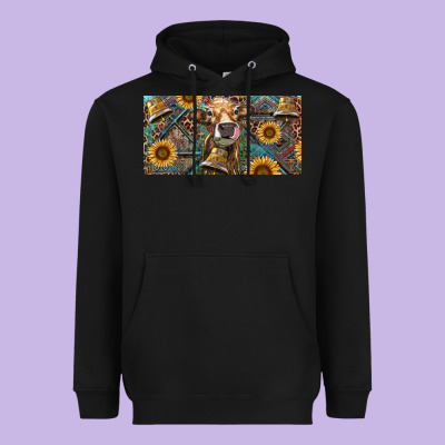 Heavyweight Hoodie Cow With Aztec Leopard And Sunflower