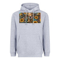Heather Grey Cow With Aztec Leopard And Sunflower Heavyweight Hoodie - RanaPortraitStore