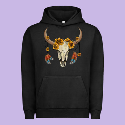 Bull Skull Sunflowers And Feathers Urban Hoodie Designed By Adodesignshop