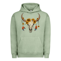 Pigment Oil Green bull skull sunflowers and feathers Urban Hoodie - AdoDesignShop