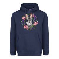 Navy Easter Bunny With Floral Wreath Heavyweight Hoodie - RanaPortraitStore